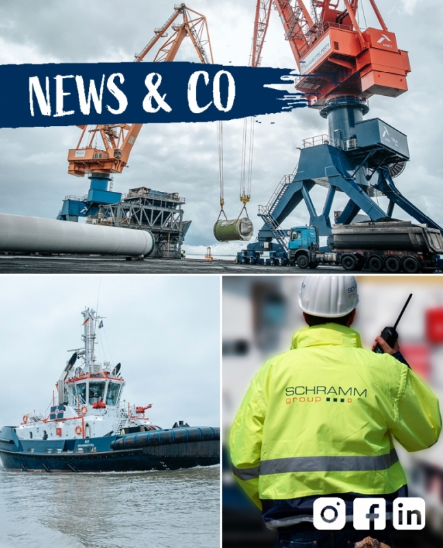 Eine Bildercollage mit Schlepper, Arbeiter und Krähne vom Elbehafen.